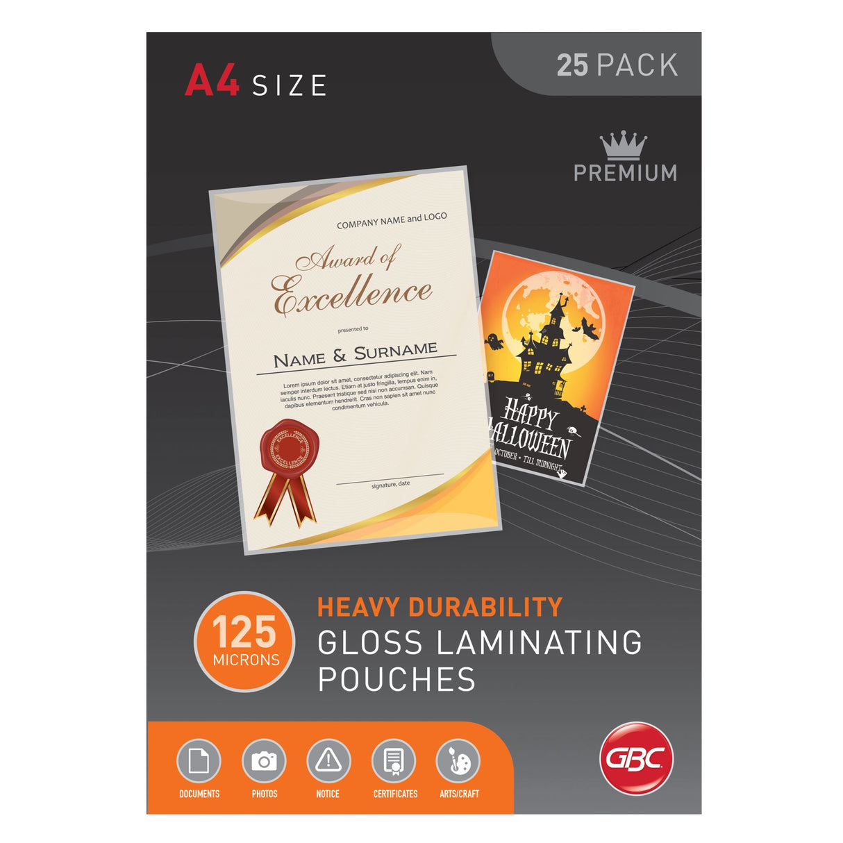 GBC A4 laminating pouches, 125 microns, pack of 25 for protecting and enhancing documents with a glossy finish.