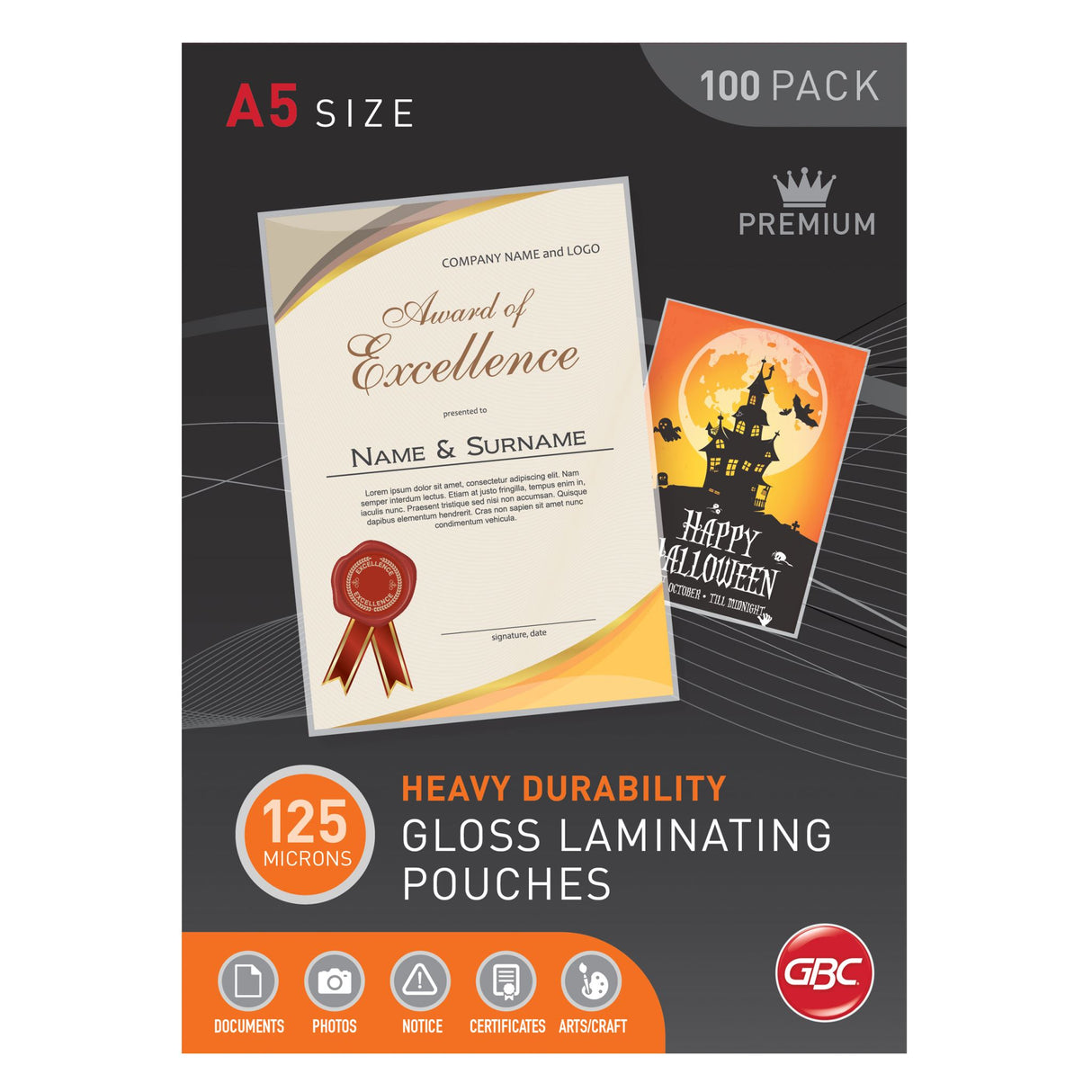 GBC A5 laminating pouch pack of 100, 125 micron thickness, designed for superior document protection and glossy finish.