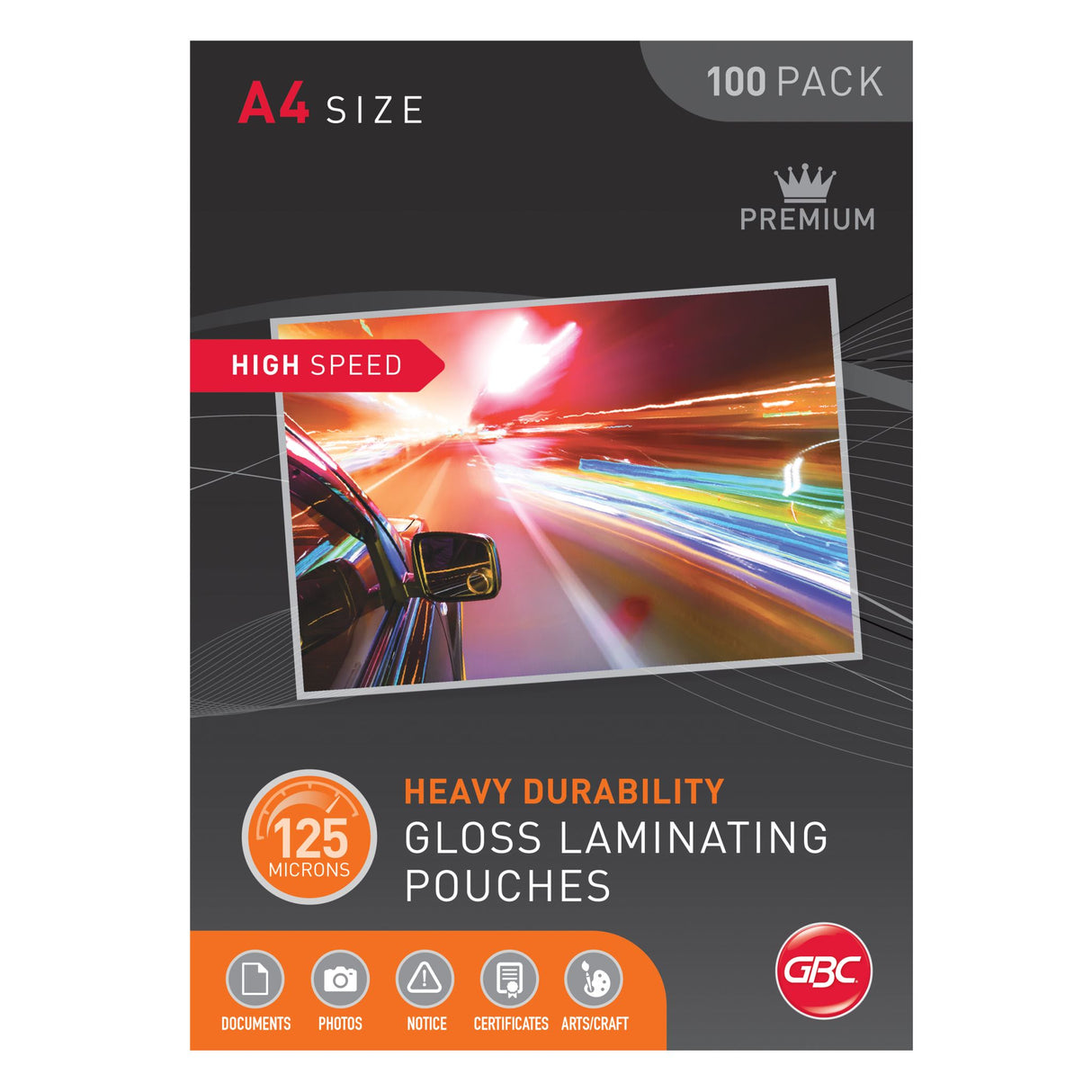 GBC A4 laminating pouches, 125 microns thick, pack of 100, offers fast, durable protection for documents, sealed on the long side.