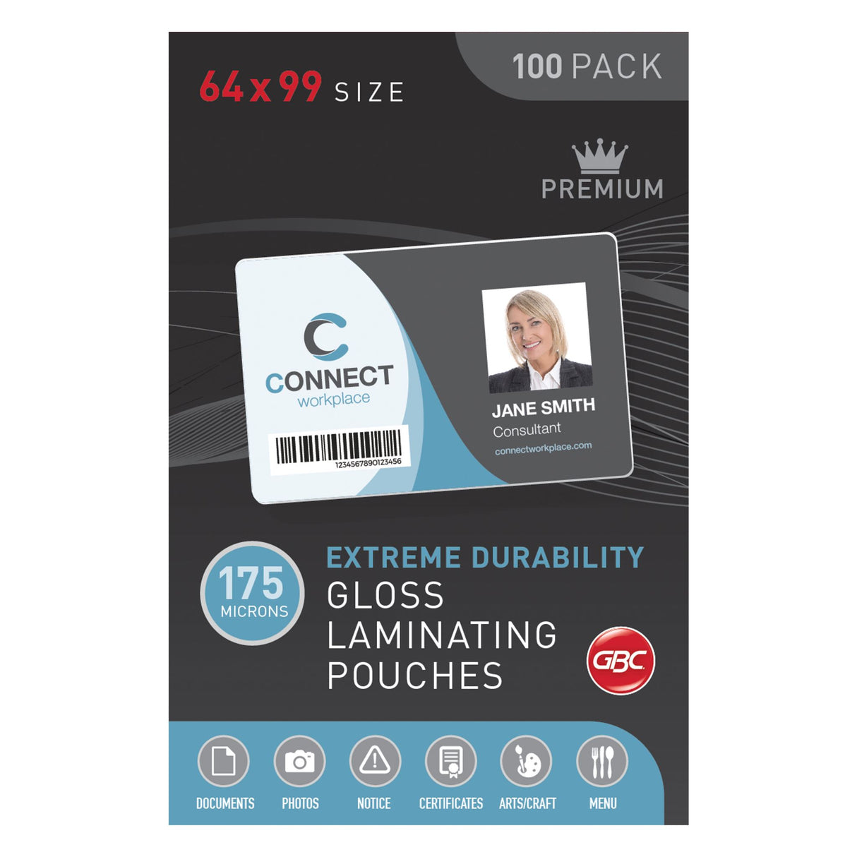 GBC Laminating Pouch 64x99mm, 175 Micron, pack of 100, ideal for protecting and enhancing documents with a glossy finish.