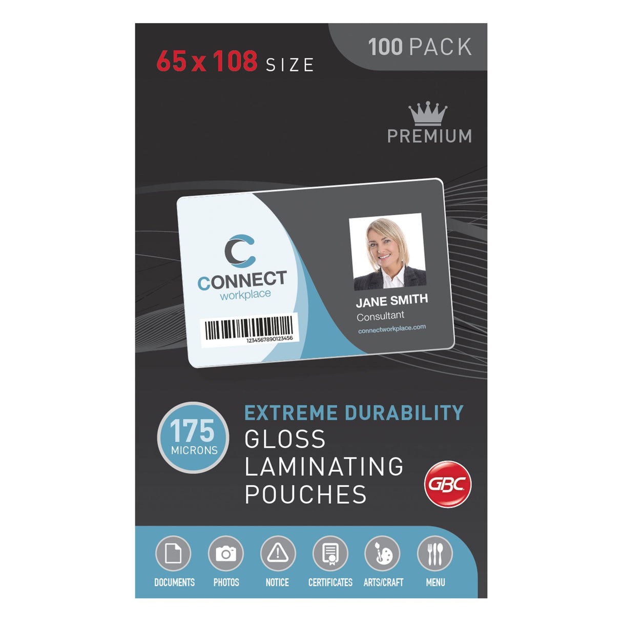 GBC Laminating Pouch 65x108mm 175 Micron, pack of 100 for protecting documents, photos and IDs with a glossy finish.