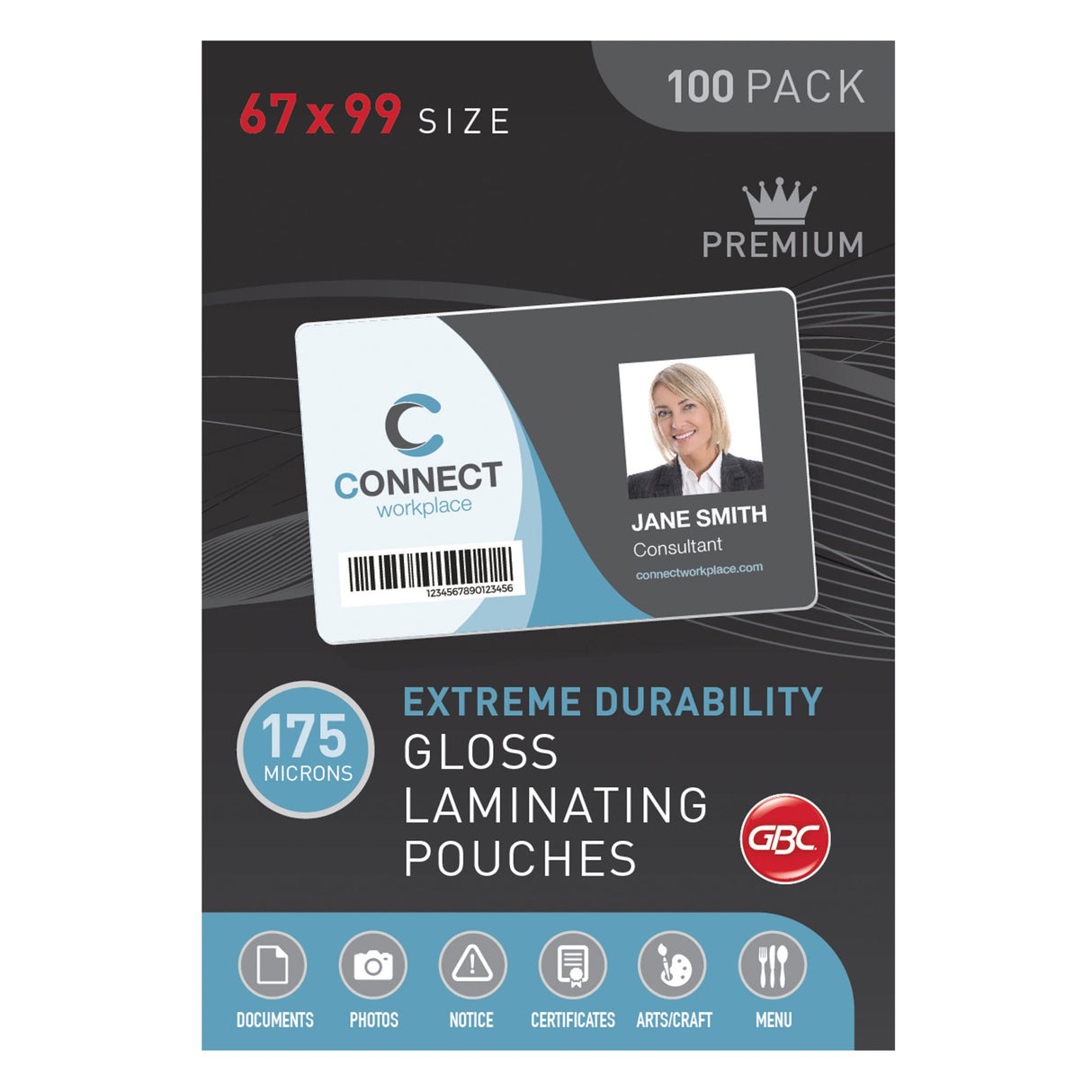 GBC Laminating Pouch 67x99mm, 175 micron, 100 pack for durable, glossy document protection and enhancement.