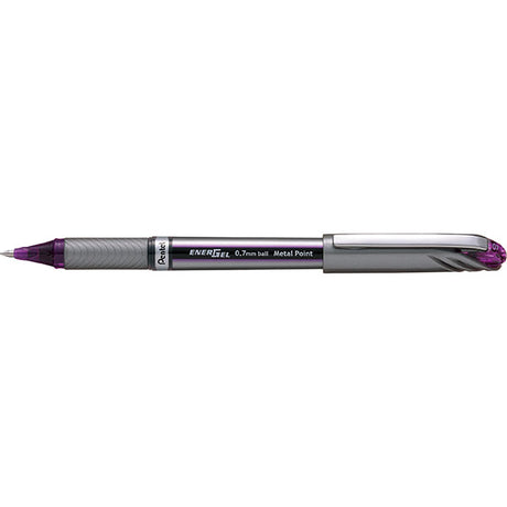 Pack of 12 Pentel Energel 0.7mm gel pens in violet, featuring smooth, fast-drying ink and a comfortable latex-free grip.