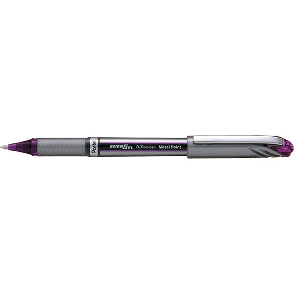 Pack of 12 Pentel Energel 0.7mm gel pens in violet, featuring smooth, fast-drying ink and a comfortable latex-free grip.