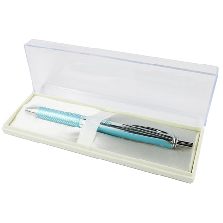 Pentel Energel retractable pen with aqua aluminium barrel, 0.7mm tip, quick-drying ink, includes bonus case.
