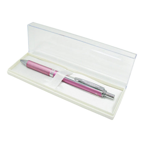 Pentel Energel 0.7mm pen with pink barrel, black ink, stylish aluminum body, retractable design, and eco-friendly refillable feature.
