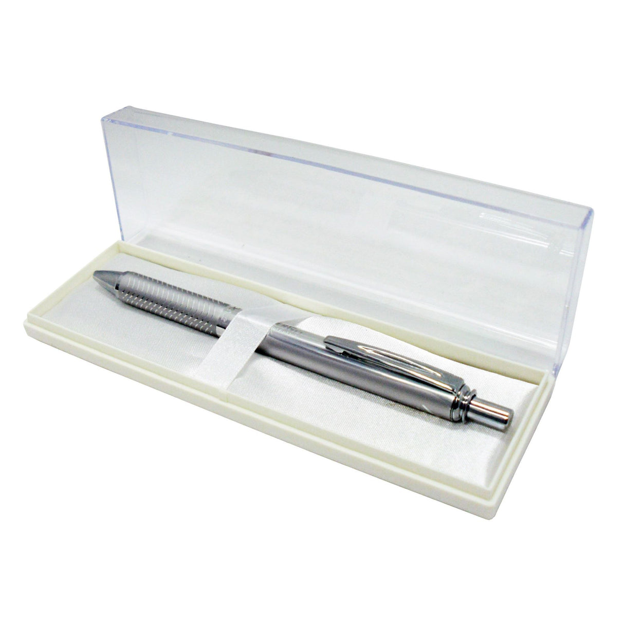 Pentel EnerGel 0.7mm gel pen with silver aluminum barrel and black ink, offering smooth, quick-drying writing.