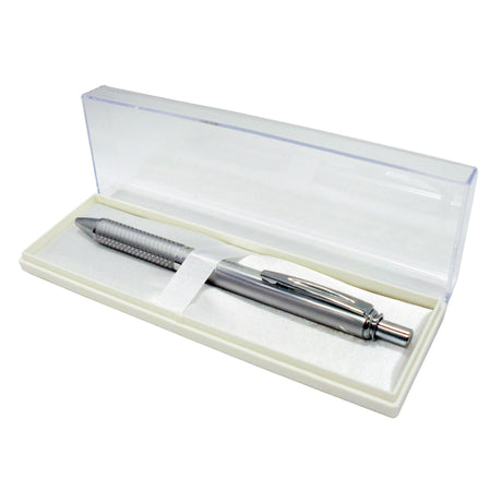 Pentel EnerGel 0.7mm gel pen with silver aluminum barrel and black ink, offering smooth, quick-drying writing.