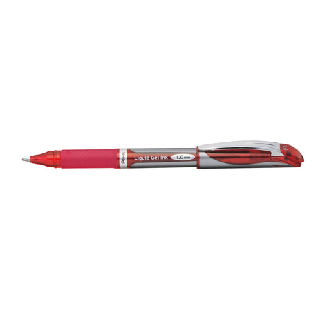 PENTEL EnerGel Deluxe 1.0mm Gel Roller Pen in red, 12-pack, offers smooth, quick-drying ink and a comfortable grip.