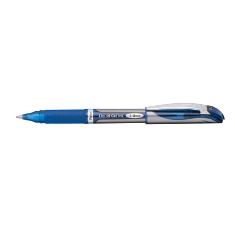 Pack of 12 PENTEL ENERGEL gel pens with 1.0mm blue ink, featuring a comfortable grip and eco-friendly design.