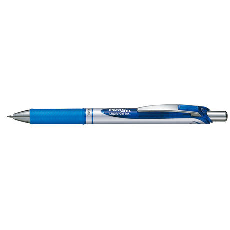 Pack of 12 Pentel EnerGel 0.7mm retractable gel pens with smooth ink, comfortable grip, and stylish silver design.