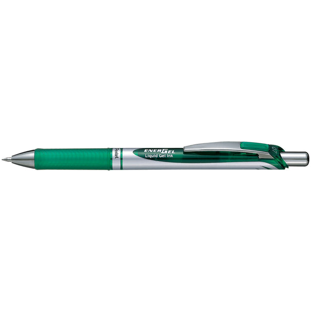 Pentel EnerGel Gel Pen BL77 in green, smooth writing, 0.7mm nib, rubber grip, eco-friendly, pack of 12.