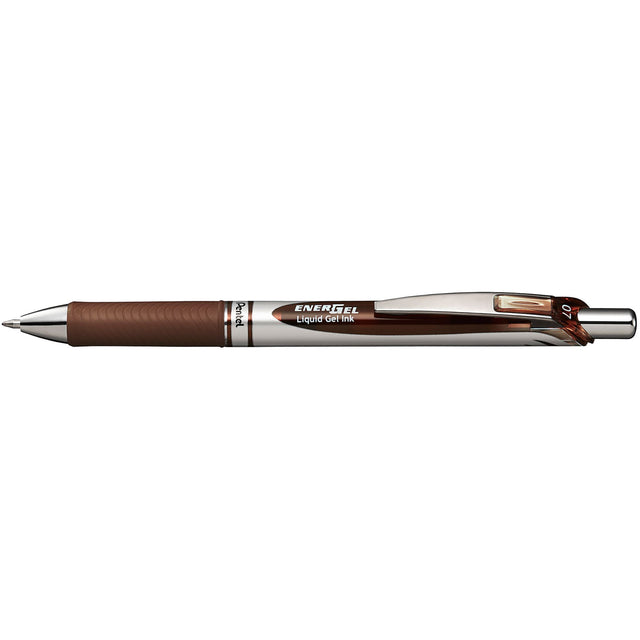 Pack of 12 PENTEL ENERGEL BL77 brown gel pens featuring smooth, quick-drying ink and a comfortable grip for effortless writing.