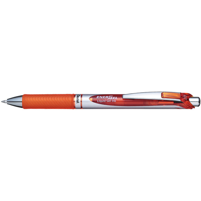 Pack of 12 Pentel EnerGel BL77 gel pens in vibrant orange, featuring smooth ink, a comfortable grip, and eco-friendly design.