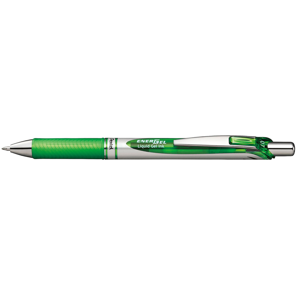 Pack of 12 vibrant Light Green Pentel EnerGel BL77 gel pens with ergonomic grip and fast-drying, smudge-resistant ink.