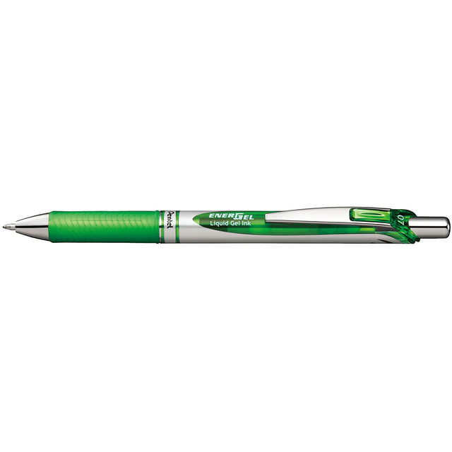 Pack of 12 vibrant Light Green Pentel EnerGel BL77 gel pens with ergonomic grip and fast-drying, smudge-resistant ink.