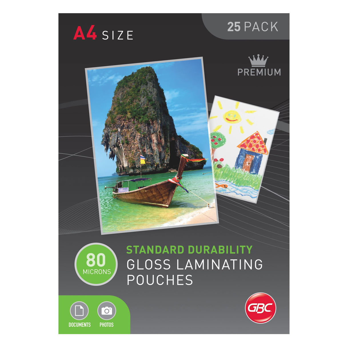 GBC Laminating Pouch A4 80 Micron Pk25 for protecting and enhancing documents with a glossy finish and embedded instructions.