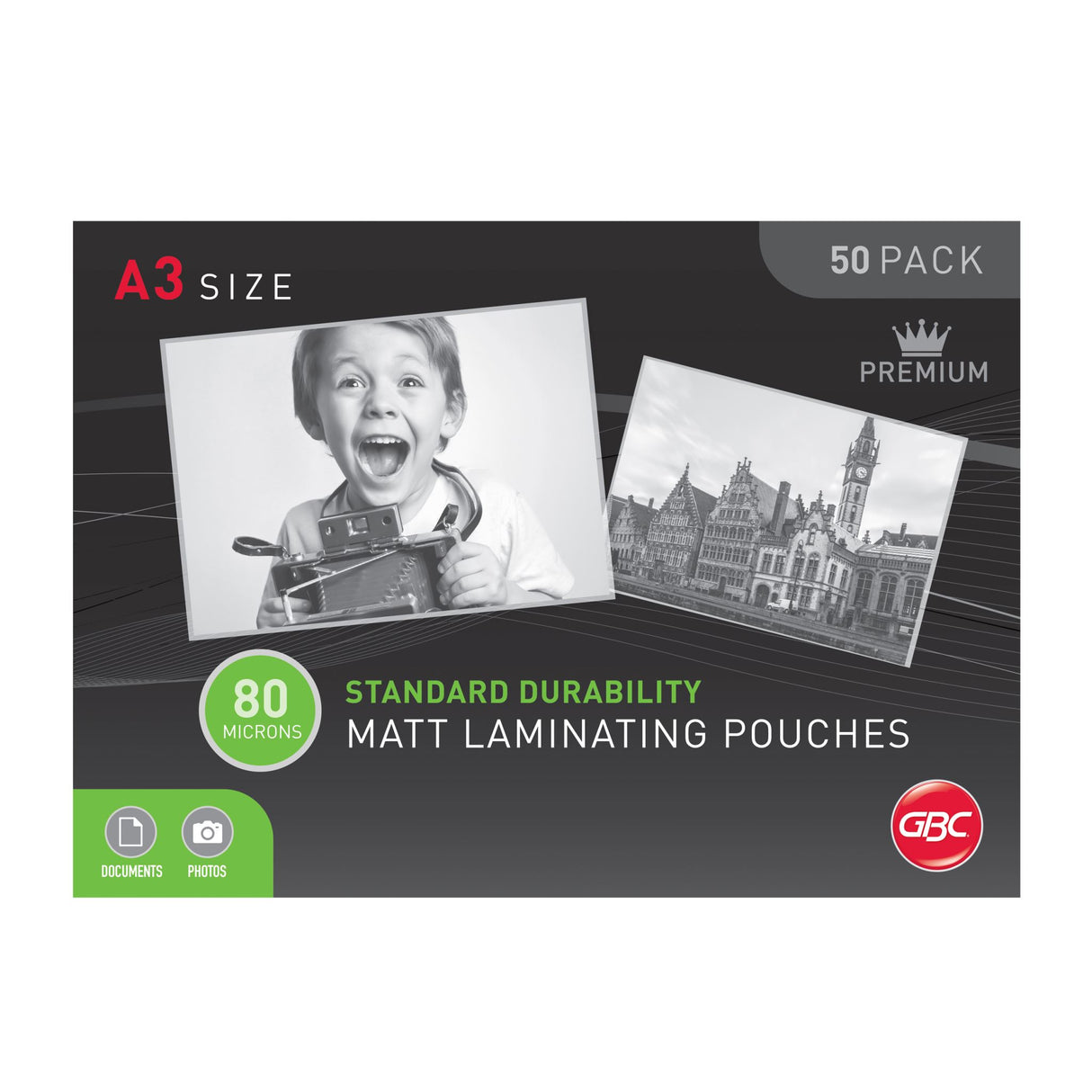GBC A3 laminating pouches pack of 50, 80 microns, matte finish for durable document protection and glare reduction.