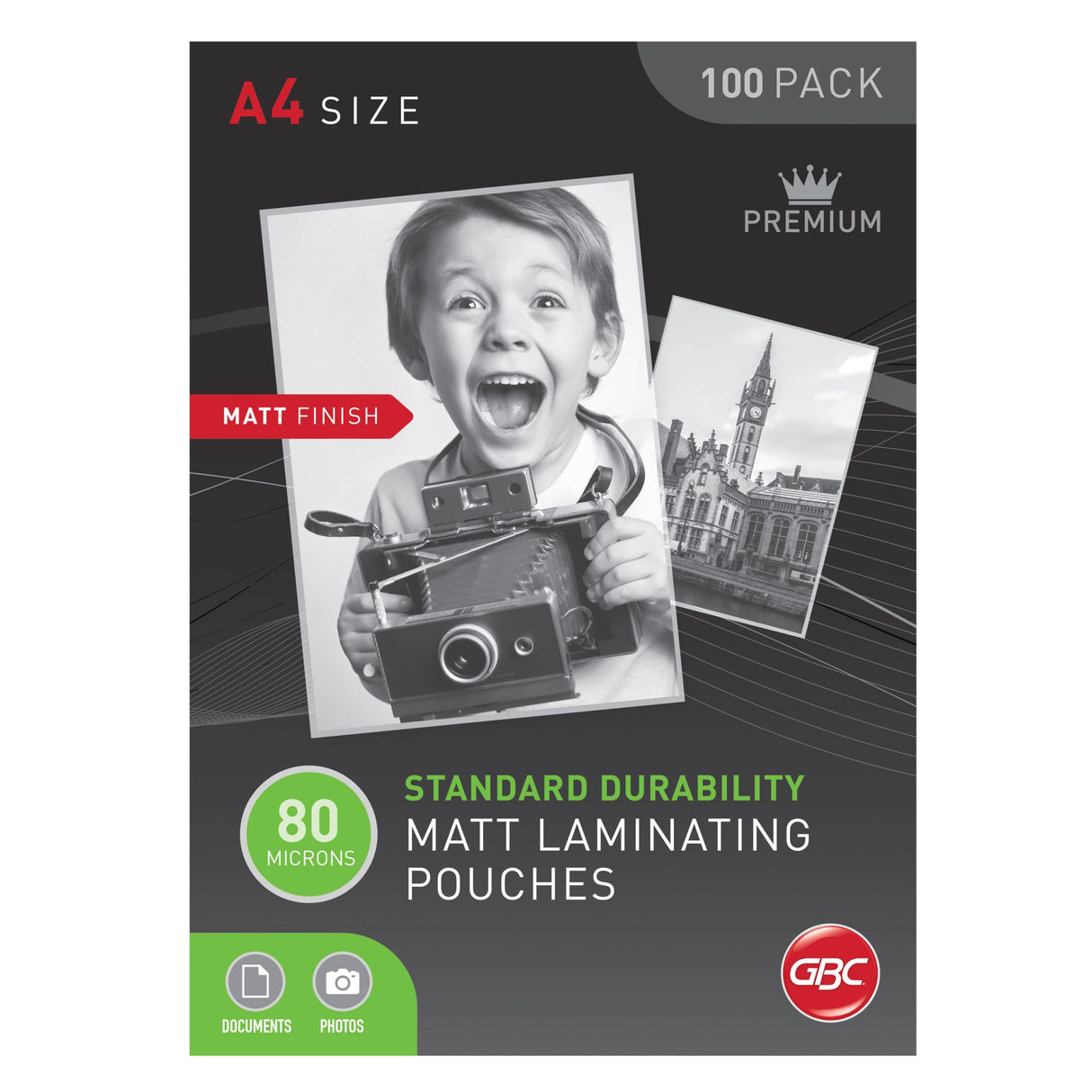 GBC A4 80 Micron laminating pouches, 100 pack, matte finish for durable document protection and enhanced appearance.