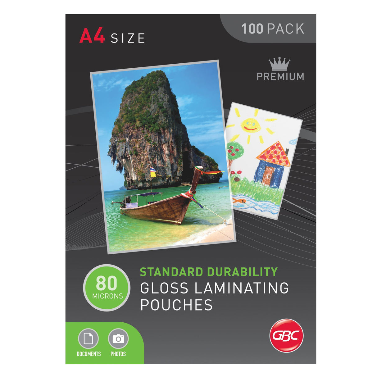 GBC A4 laminating pouches, 80 microns thick, pack of 100, ideal for photos and documents, providing durable protection.