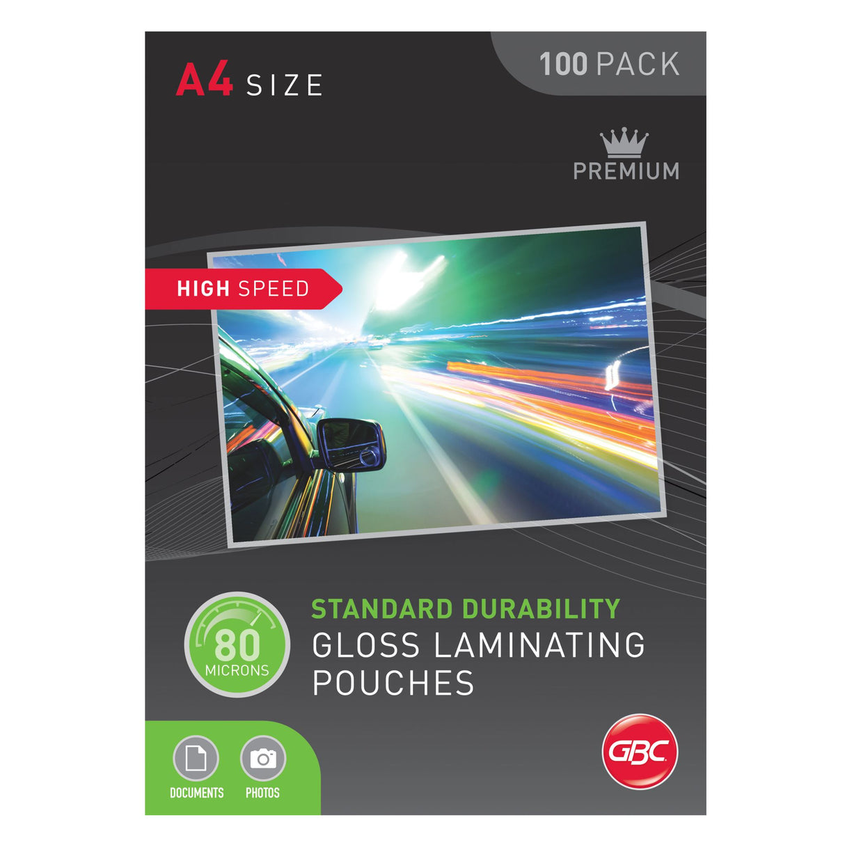GBC A4 laminating pouches in pack of 100, 80 microns, high-speed seal for quick and durable document protection.