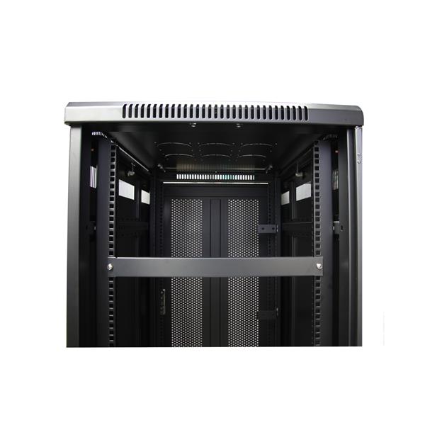 1U Rack Blank Panel in black durable steel, designed for easy tool-less installation in 19in server racks, enhances airflow.