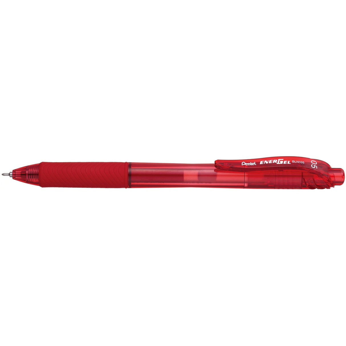 Pack of 12 PENTEL ENERGEL BLN105 red gel pens with 0.5mm tips for smooth, precise writing and quick-drying ink.