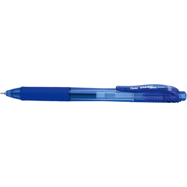 Pack of 12 Pentel EnerGel Blue Gel Pens featuring retractable design, 0.5mm tip, quick-dry ink, and comfortable grip.