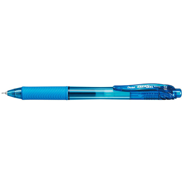 Pack of 12 PENTEL ENERGEL BLN105 gel pens in sky blue, featuring fast-drying ink, 0.5mm tip, and eco-friendly materials.