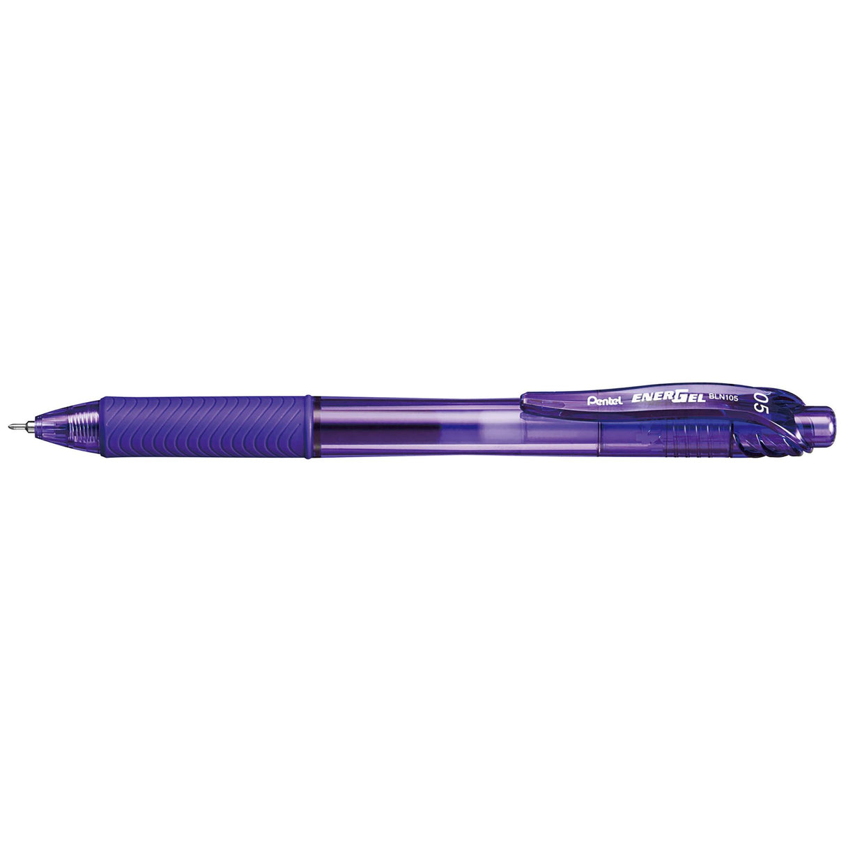 Pack of 12 Pentel EnerGel BLN105 violet gel pens with 0.5mm needle tip and quick-drying ink for smooth writing.