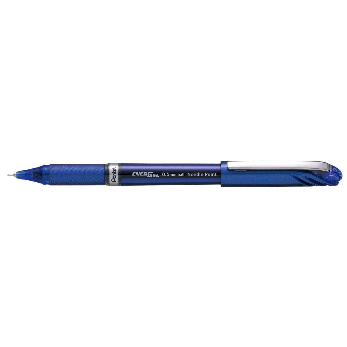 Pack of 12 Pentel Energel 0.5mm blue needle point pens with smooth ink, rubber grip, and metal clip for portability.