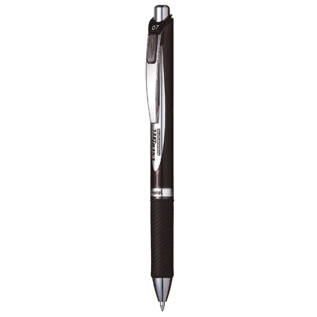 Pentel Energel 0.7mm retractable ballpoint pen in black, 12-pack, featuring quick-drying, water-resistant gel ink.