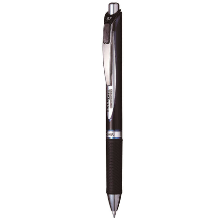 Pack of 12 Pentel Energel retractable ballpoint pens with blue ink, 0.7mm nib, featuring quick-drying, water-resistant gel ink.