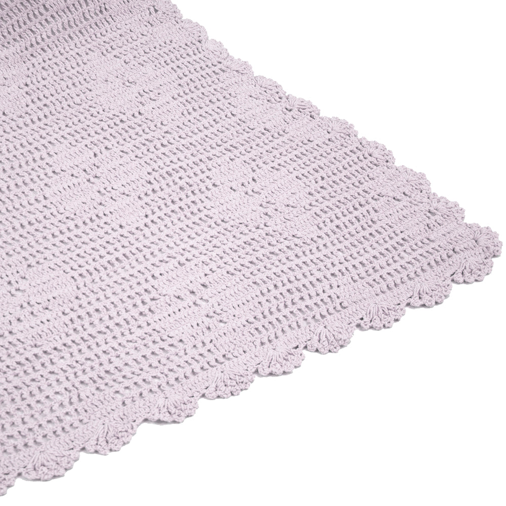 Hand-crocheted lilac throw with floral design, crafted from 100% cotton, perfect for adding comfort and style to your home.