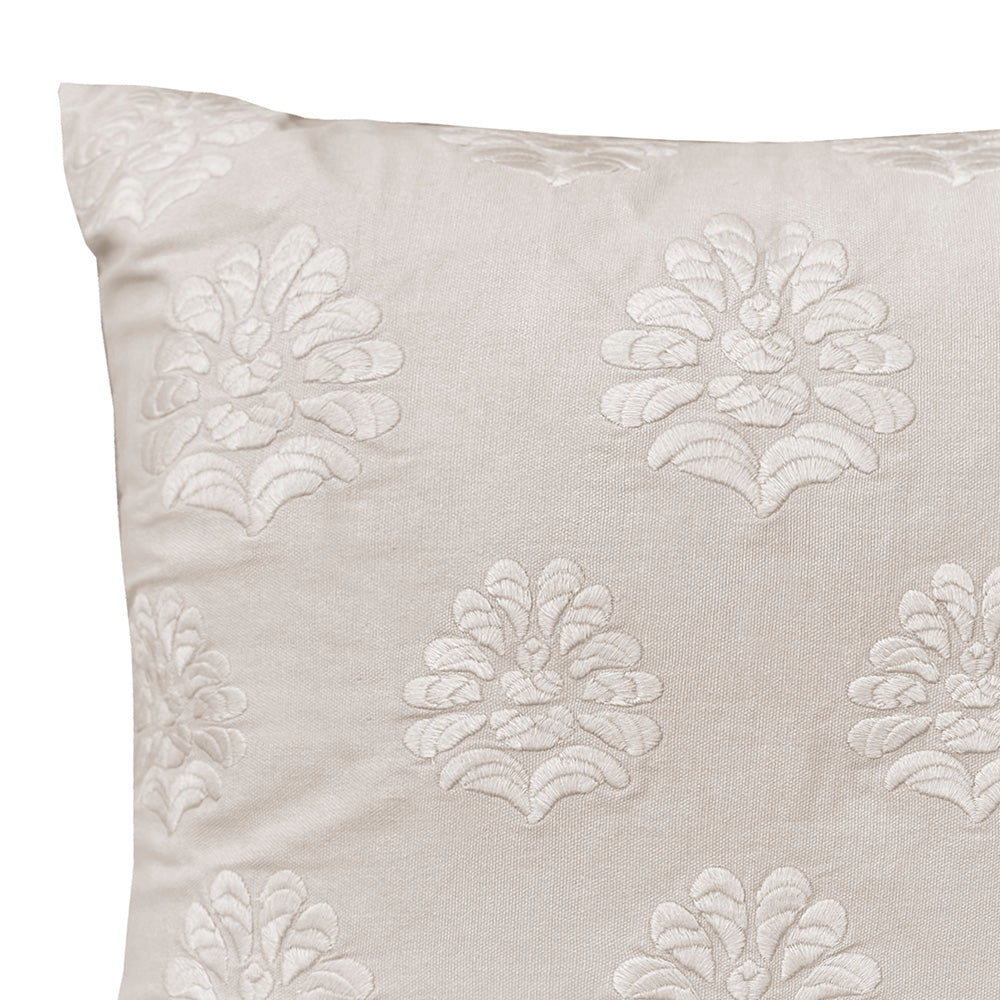 Cora Square Cushion Pebble with subtle floral embroidery on soft cotton, perfect for home decor accents.