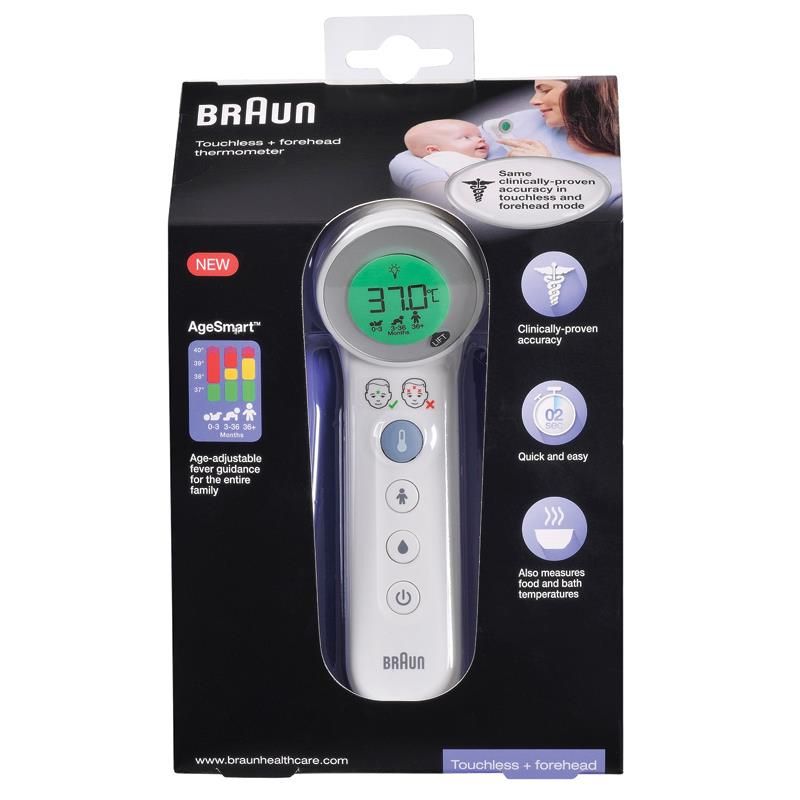 Braun 3-in-1 Touchless Thermometer for all ages, measures forehead, food, and bath temperatures with color-coded display.