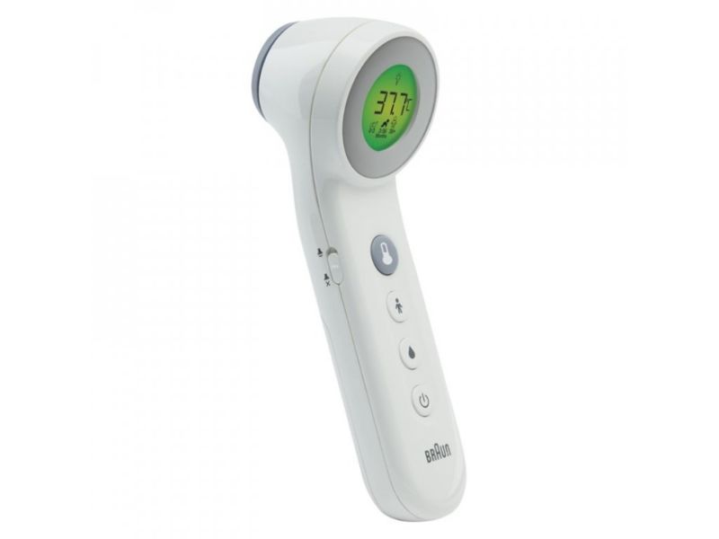 Braun 3-in-1 Touchless Thermometer featuring Age Precision, measures forehead, food, and bath temperatures swiftly and hygienically.