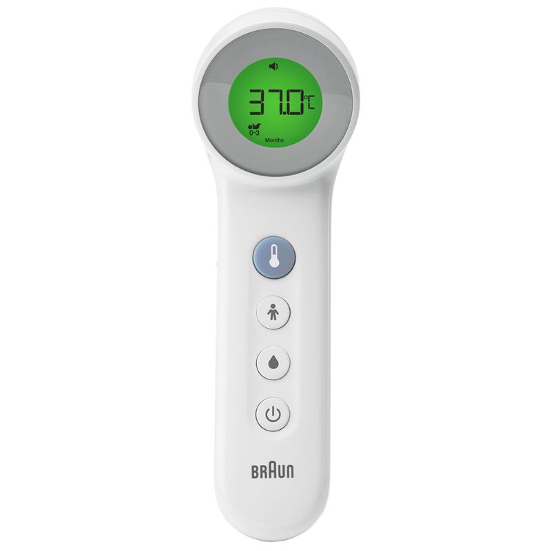Braun 3-in-1 Touchless Thermometer with Age Precision, measures forehead, food, and bath temperatures in under 2 seconds.