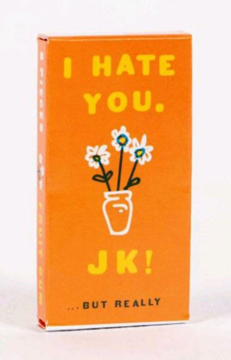 Fun chewing gum pack with cheeky 'I Hate You...JK But Really' tagline and 20 fruity-flavored pieces.
