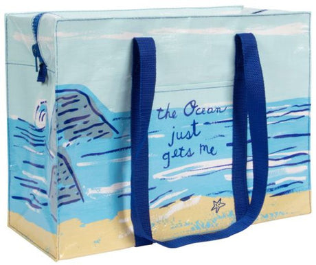 Eco-friendly shoulder tote bag designed for beach essentials, made from 95% recycled materials, with ample storage.