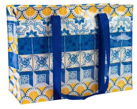 Vibrant shoulder tote bag featuring a painted tiles design, eco-friendly and spacious for daily essentials.