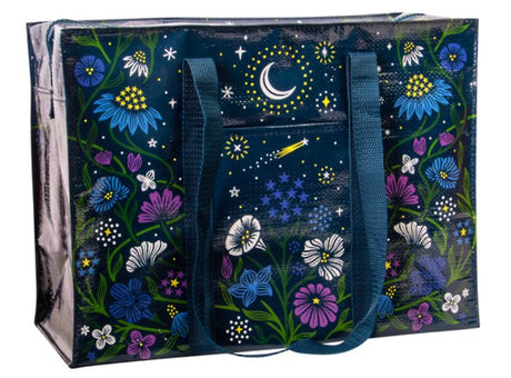 Eco-friendly shoulder tote bag featuring a vibrant stary garden print, ideal for everyday essentials and stylish outings.