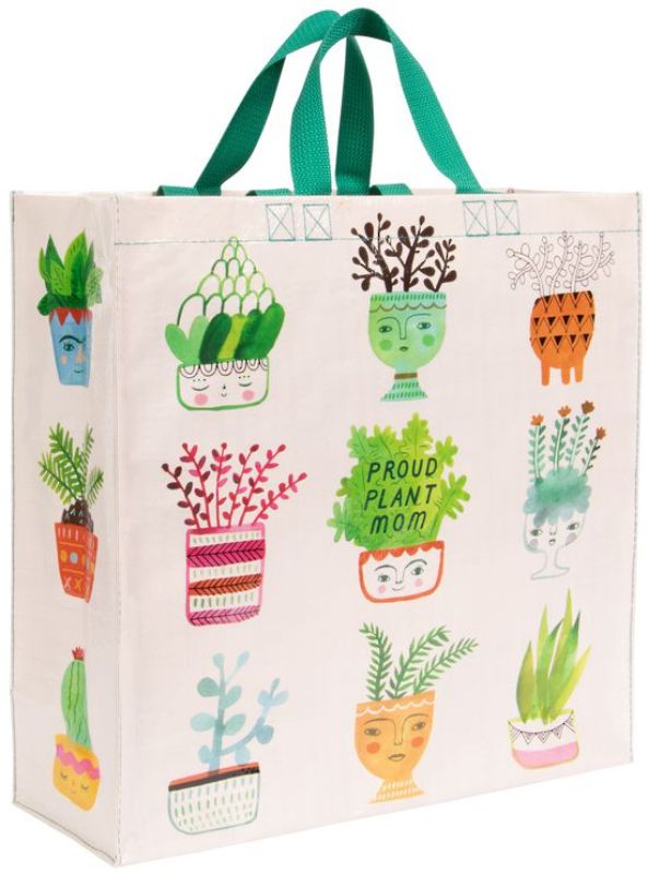 Eco-friendly Blue Q tote with cheeky 'Proud Plant Mom' slogan, perfect for plant lovers and shopping.