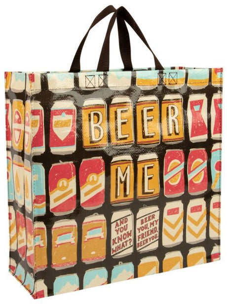 Eco-friendly Blue Q Shopper - Beer Me tote bag, durable, holds multiple six-packs, 95% recycled material.