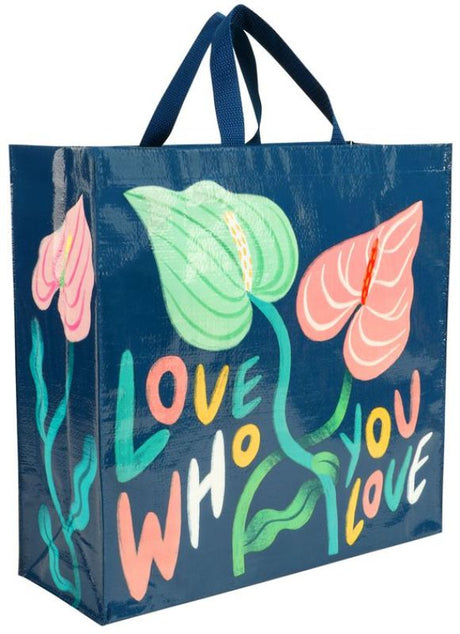 Eco-friendly Blue Q tote featuring 'Love Who You Love' message, perfect for shopping and embracing love in all forms.