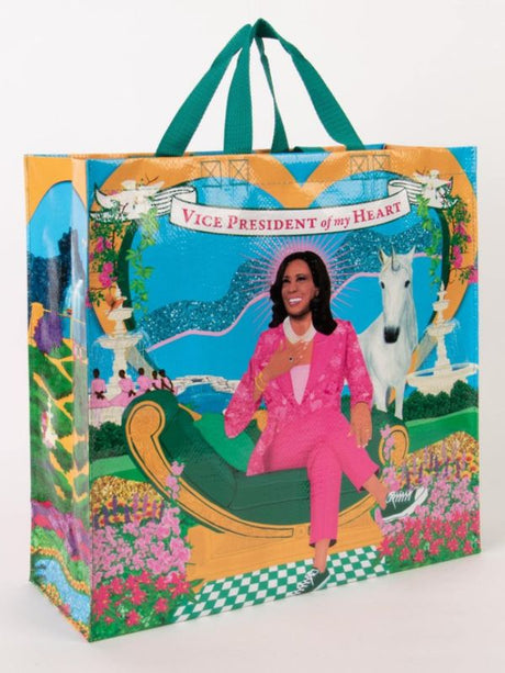 Eco-friendly Blue Q tote bag featuring 'Vice Pres Of My Heart' phrase, spacious and stylish for daily use.