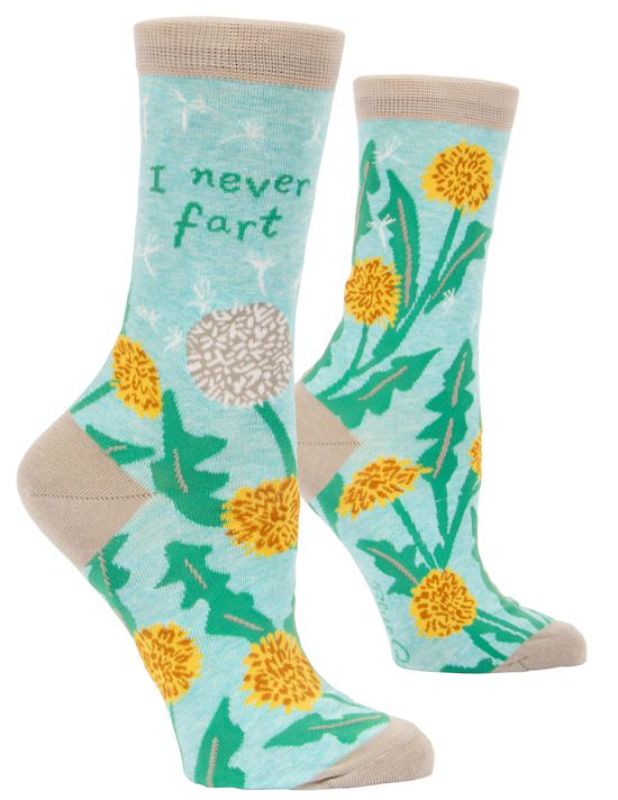 Whimsical Blue Q socks for women featuring the humorous phrase 'I never fart, but I do lie,' made from a soft fabric blend.