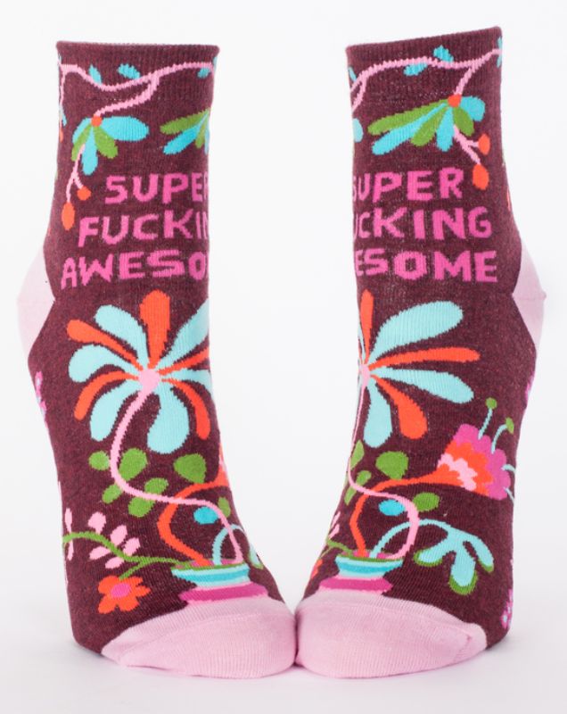 Vibrant Blue Q ankle socks featuring 'Super Fucking Awesome' design, perfect for sizes 5-10, combining style and comfort.