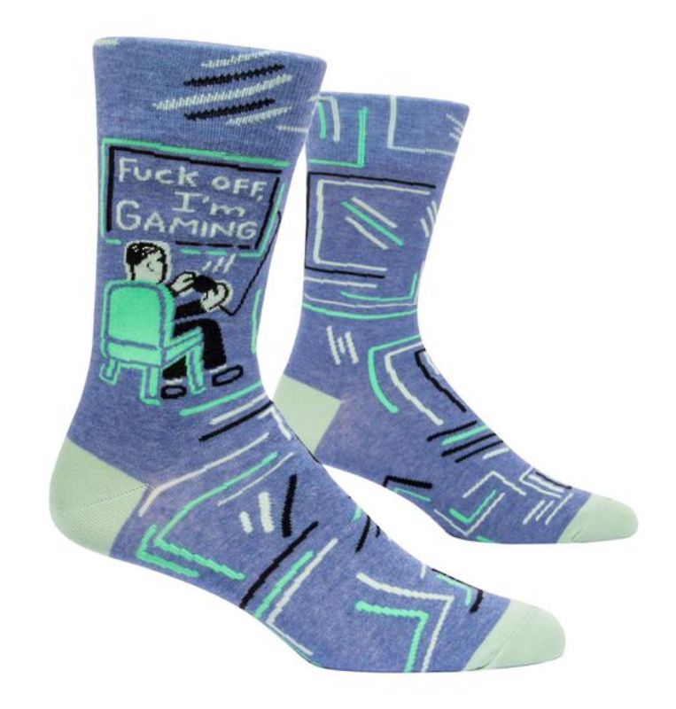 Funky Blue Q men's gaming socks with 'FuckOff, I'm Gaming' slogan, perfect for comfort during long gaming sessions.