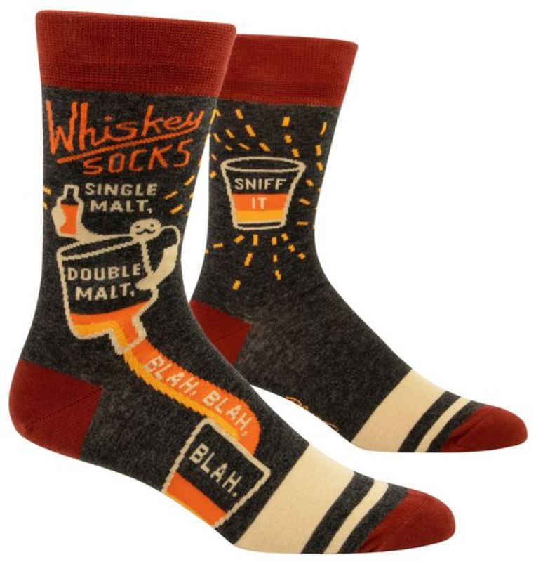 Blue Q Men's socks featuring a playful whiskey design, crafted for comfort and durability in sizes 7-12.